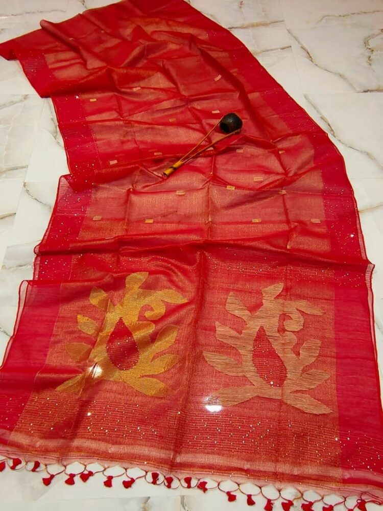 Vivid Red Tissue Muslin Resham Luminous Handwoven Saree