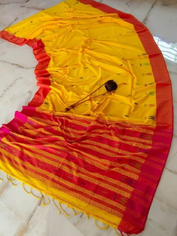 Yellow Cotton Jamdani Handwoven Saree with Contrast Red Border