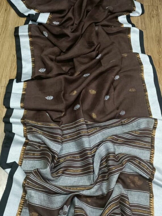 Adorable Chocolate Brown Handwoven Temple Border Linen Saree