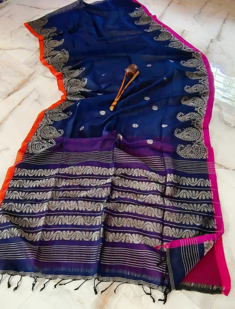 Adorable Dark Blue Linen Saree With Mango Design Contrast Border