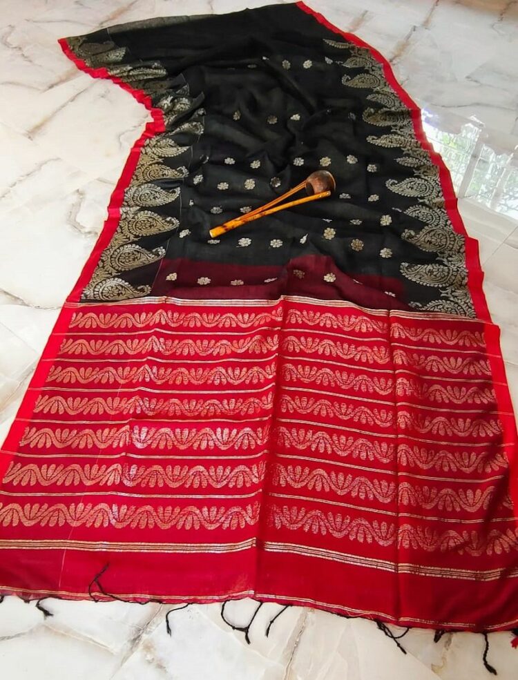 Awesome Black Dark Pink Fusion Linen Saree With Mango Design Border