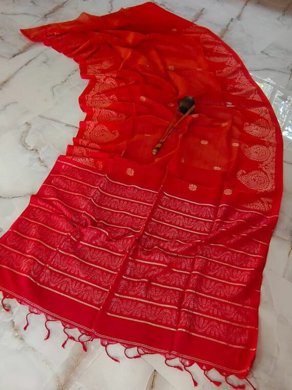 Bright Orange Linen Saree With Mango Design Border