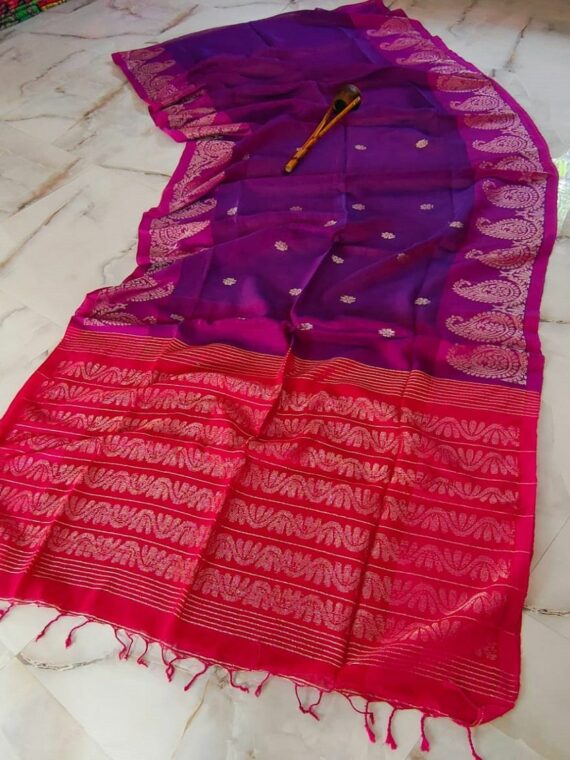 Brilliant Purple Blend Linen Saree With Mango Design Border