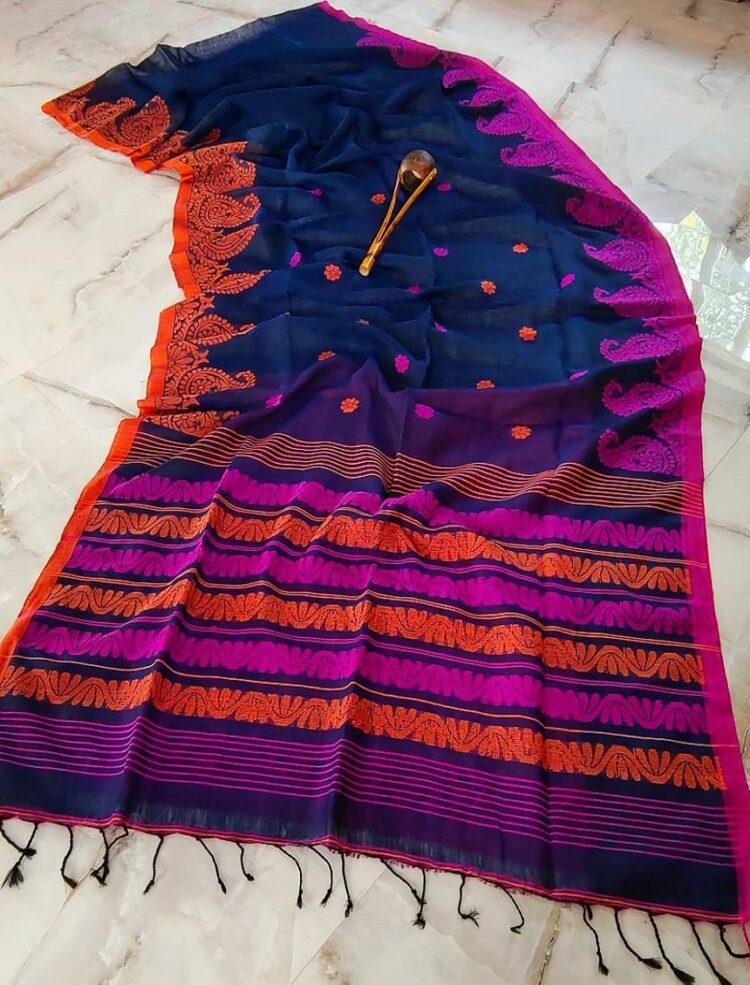 Dazzling Blue Pink Orange Fusion Linen Saree With Mango Design Border