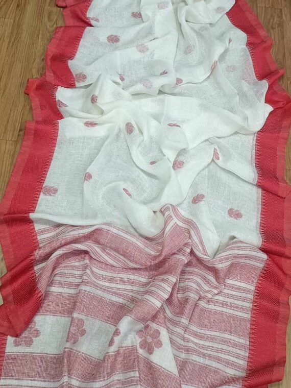 Divine Bright White Handwoven Red Temple Border Linen Saree