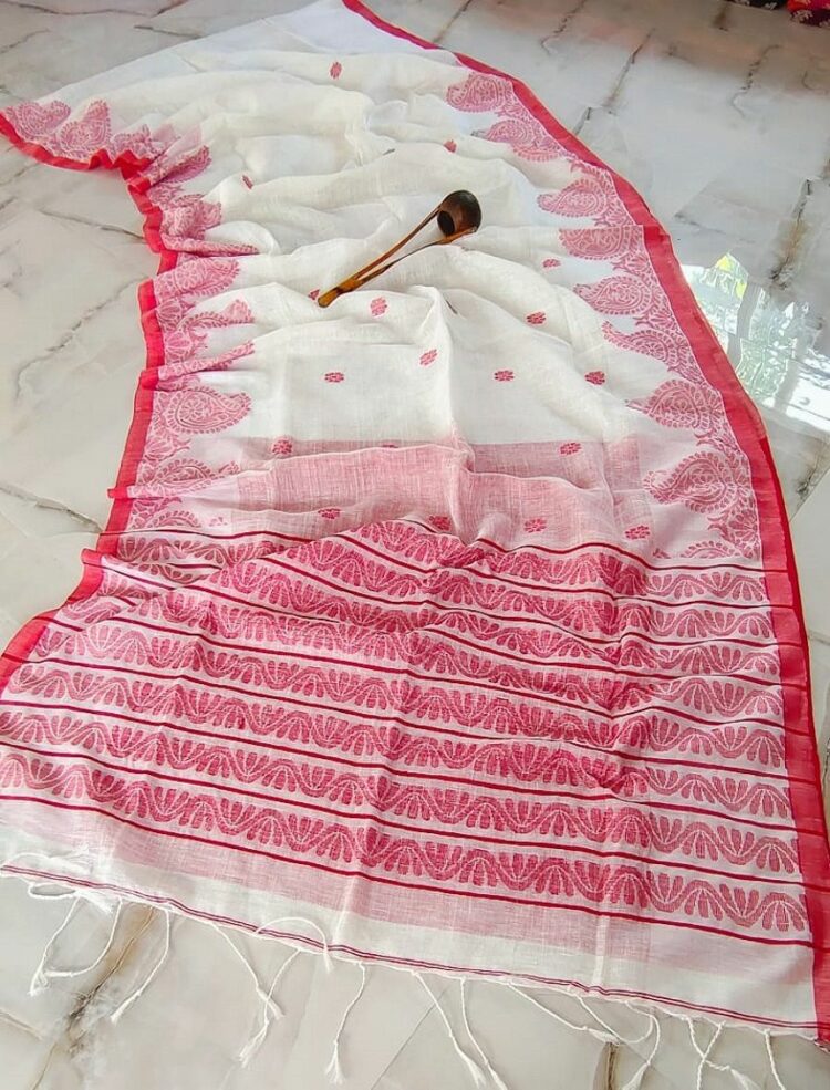 Divine White Linen Saree With Mango Design Red Border