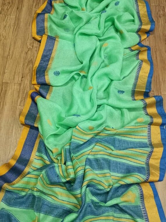 Glorious Green Handwoven Temple Border Linen Saree