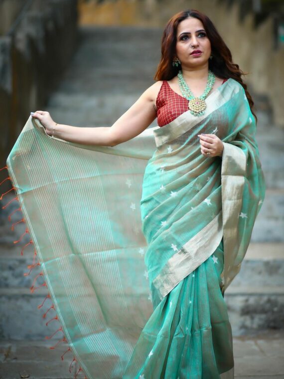 Luminous Green Dual Tone Star Design Handwoven Silk Linen Saree With Zari Border5