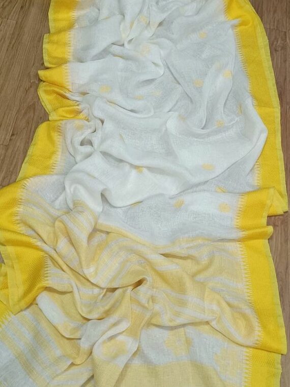 Mesmerizing White Handwoven Yellow Temple Border Linen Saree