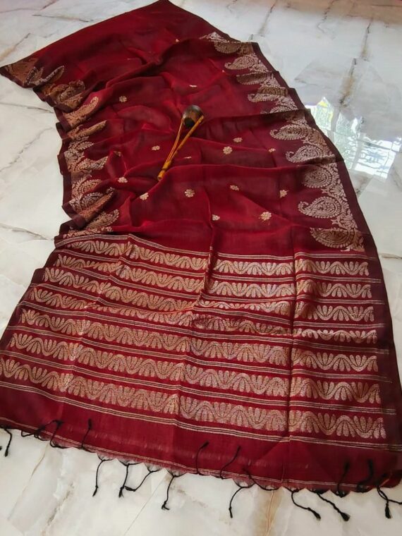 Rich Maroon Linen Saree With Mango Design Border