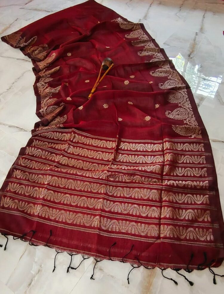 Rich Maroon Linen Saree With Mango Design Border