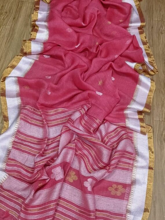 Spectacular Pink Punch Tone Handwoven Temple Border Linen Saree