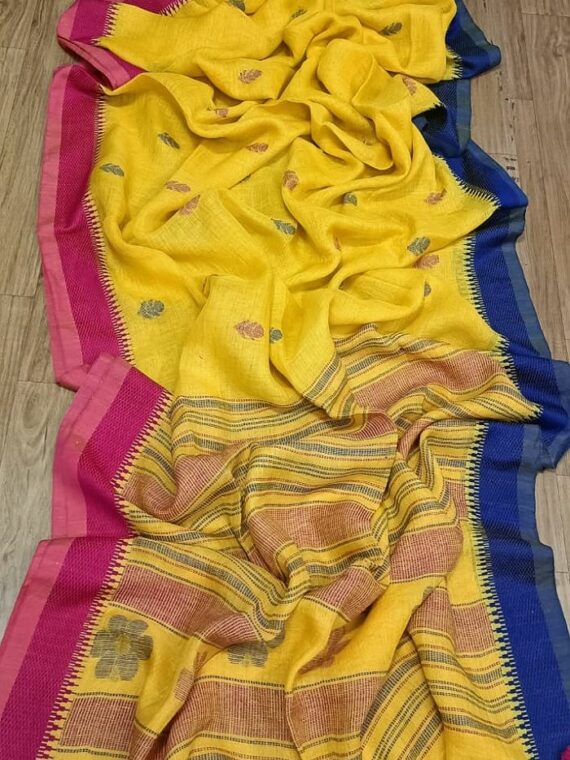 Stunning Gorgeous Yellow Handwoven Temple Border Linen Saree