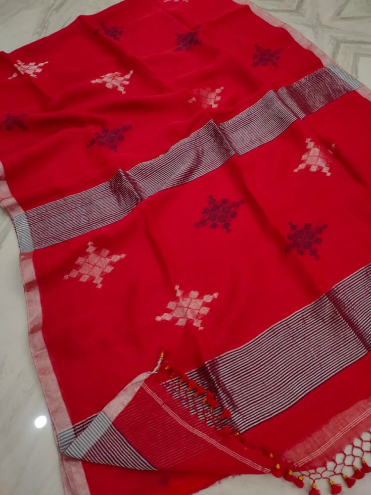 Attractive Red Silver Copper Motif Linen Jamdani Saree