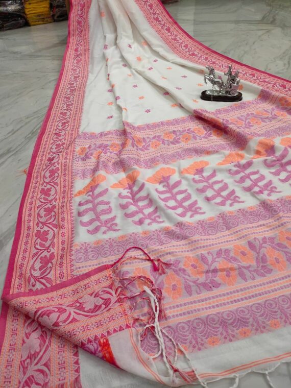 Awesome White Floral Design Weave Handloom Cotton Saree