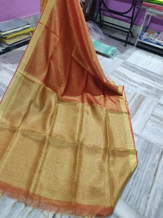 Brick Red Tissue Linen Saree With Zari Border