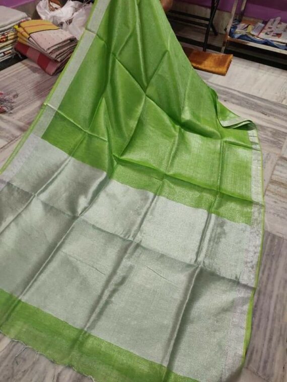 Bright Green Tissue Linen Saree With Silver Zari Border