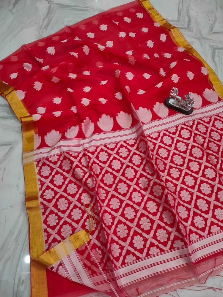 Bright Red Tulip Design Handwoven Pure Resham Muslin Saree