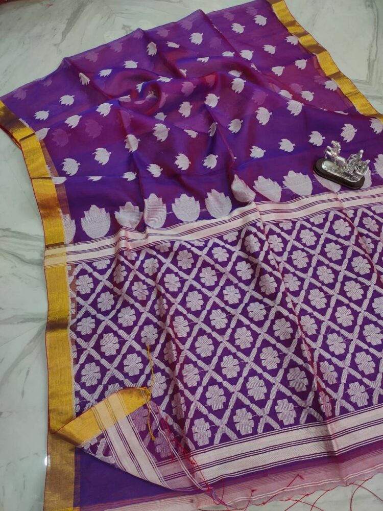 Brilliant Purple Tulip Design Handwoven Pure Resham Muslin Saree