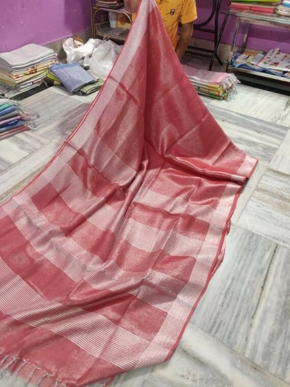 Coral Peach Pink Tissue Linen Saree With Silver Zari Border