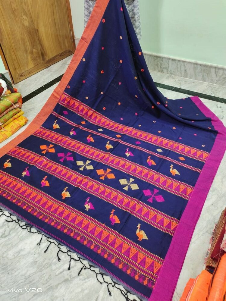 Dark Blue Peacock Pattern Handwoven Cotton Saree