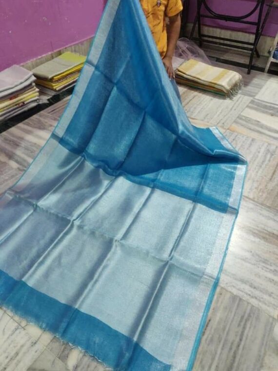 Dark Blue Tissue Linen Saree With Silver Zari Border