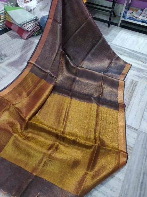 Dark Bronze Tissue Linen Saree With Zari Border