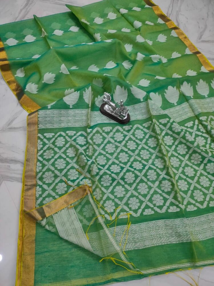 Dark Green Tulip Design Handwoven Pure Resham Muslin Saree
