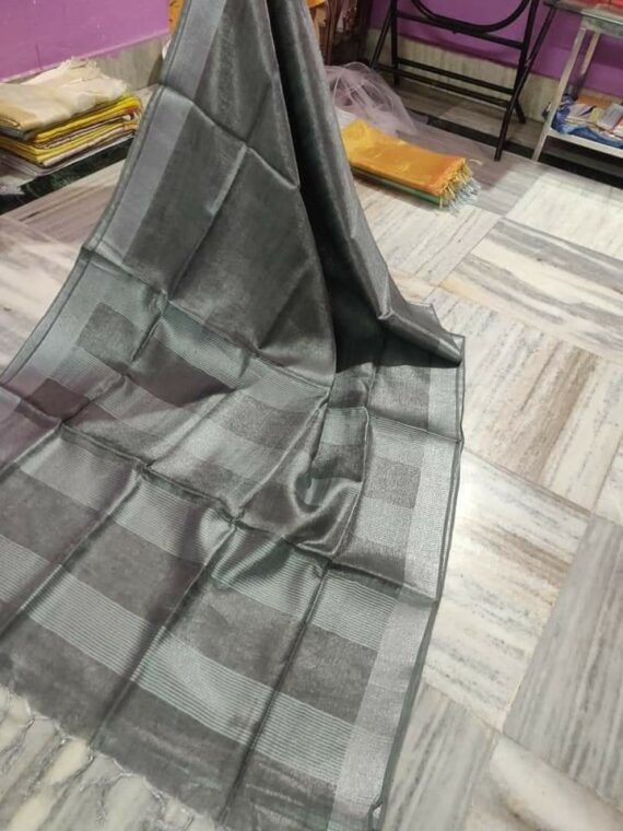 Dark Grey Tissue Linen Saree With Silver Zari Border