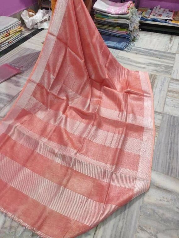 Dark Peach Tissue Linen Saree With Silver Zari Border