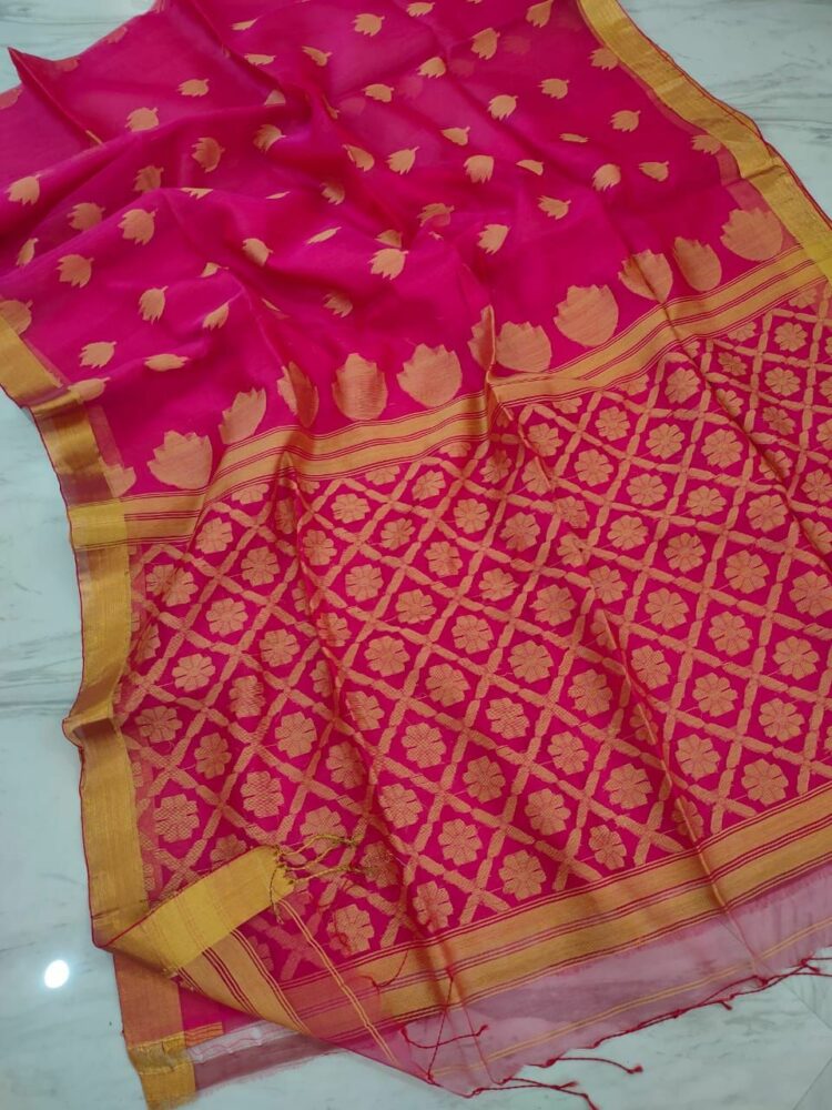 Dark Pink Tulip Design Handwoven Pure Resham Muslin Saree
