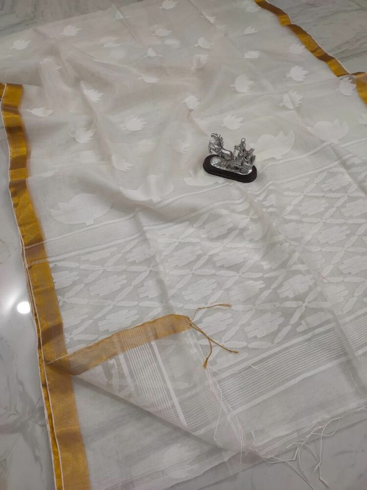 Divine White Tulip Design Handwoven Pure Resham Muslin Saree