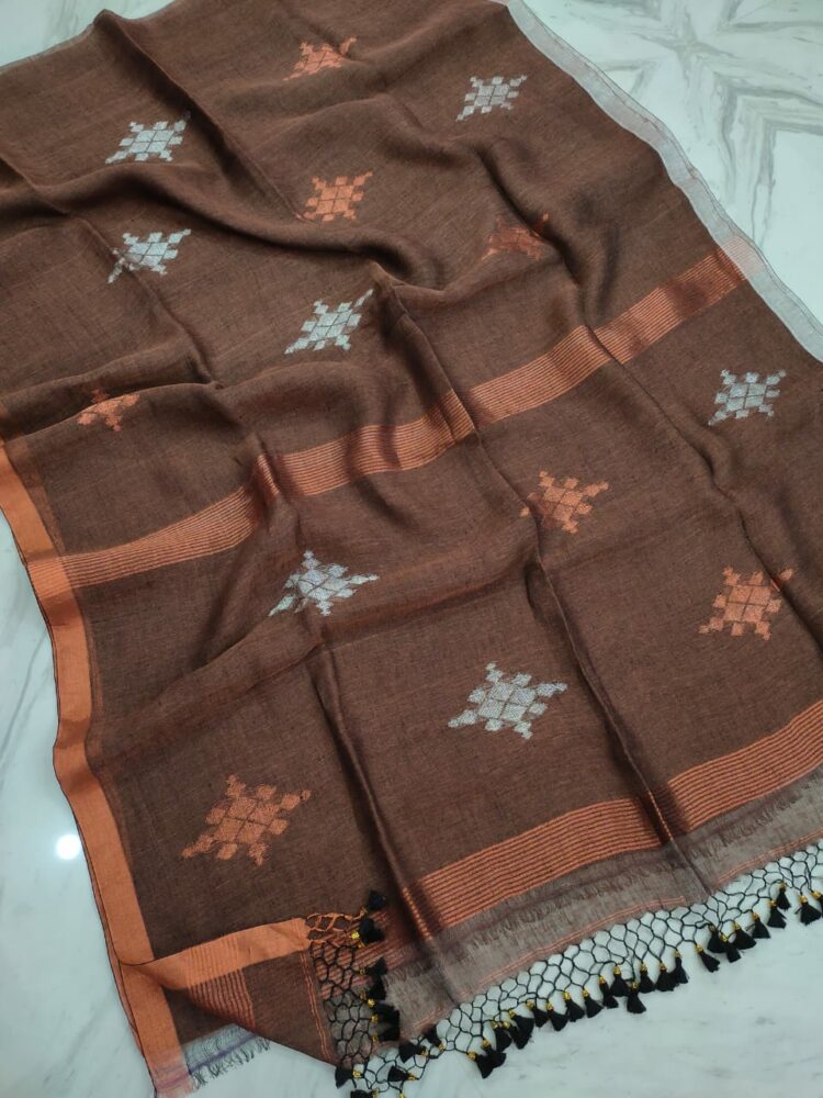 Dusky Brown Silver Copper Motif Linen Jamdani Saree