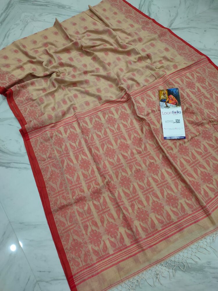 Elegant Dark Cream Red Fusion Pure Cotton Jamdani Saree