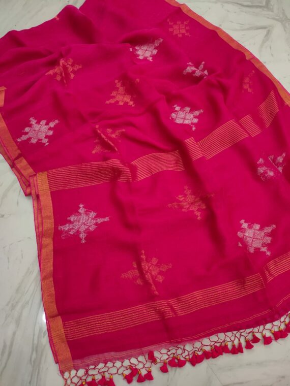 Enchanting Pink Silver Copper Motif Linen Jamdani Saree1