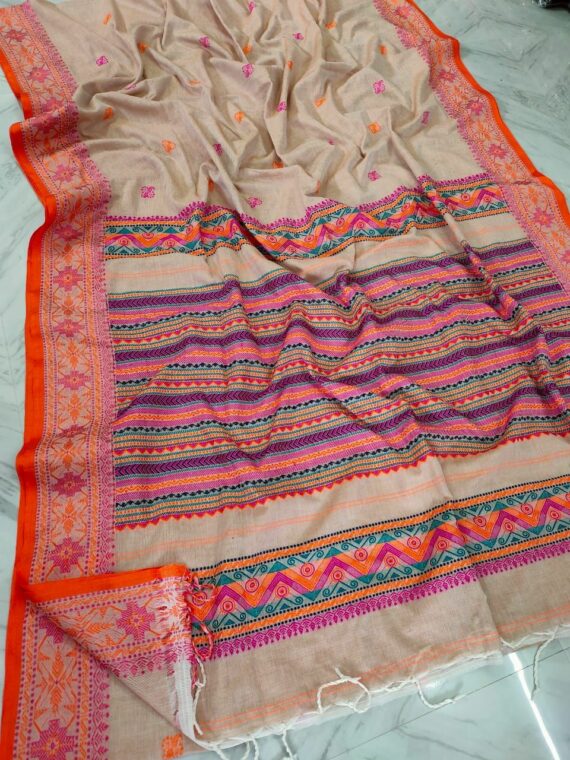 Exquisite Cream Brown Handwoven Cotton Saree With Exclusively Woven Border Pallu