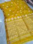 Glowing Yellow Tulip Design Handwoven Pure Resham Muslin Saree