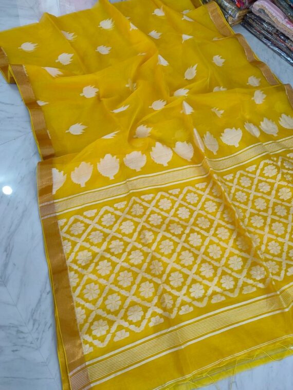 Glowing Yellow Tulip Design Handwoven Pure Resham Muslin Saree