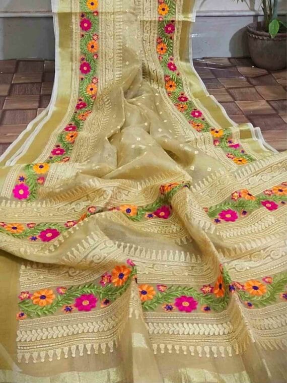 Golden Light Brown Resham Muslin Floral Embroidery Saree