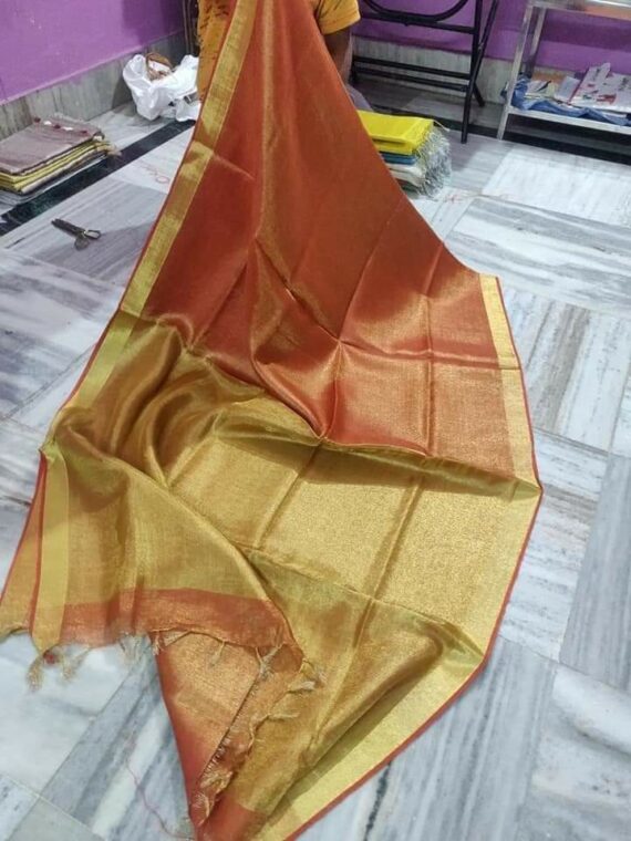 Golden Orange Blend Tissue Linen Saree With Zari Border