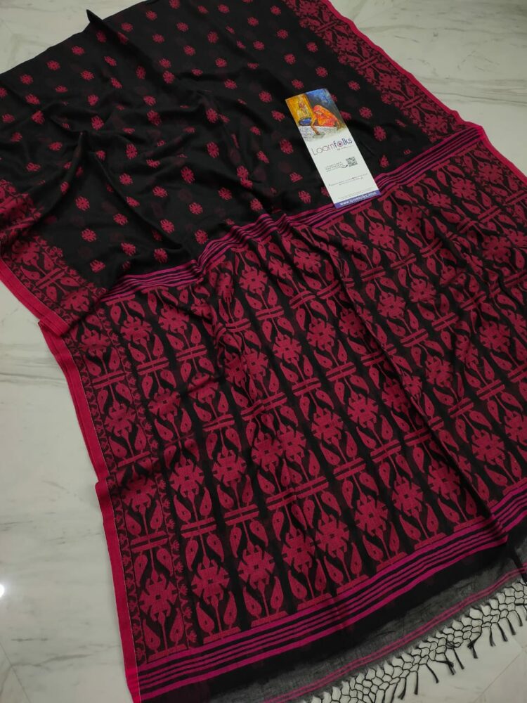 Gorgeous Black Red Fusion Pure Cotton Jamdani Saree