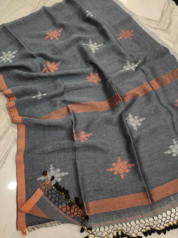 Gorgeous Grey Silver Copper Motif Linen Jamdani Saree