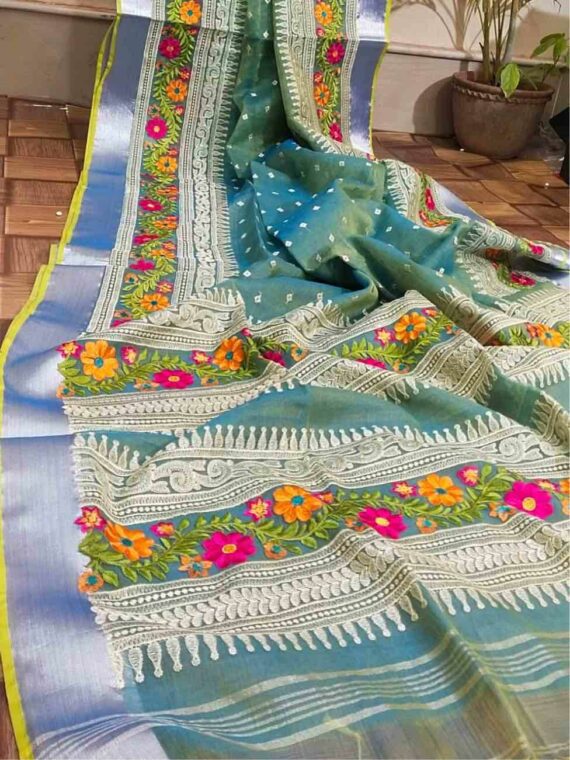 Gradient Blue Green Resham Muslin Floral Embroidery Saree