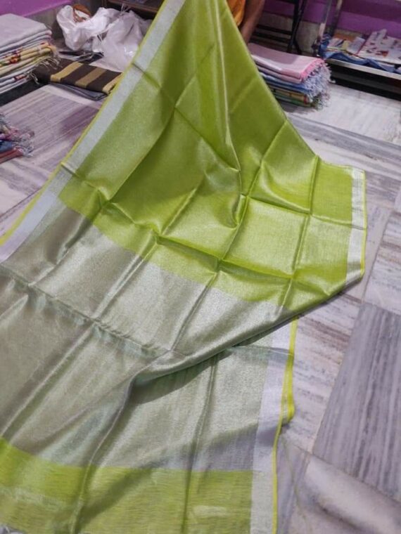 Grass Green Tissue Linen Saree With Silver Zari Border