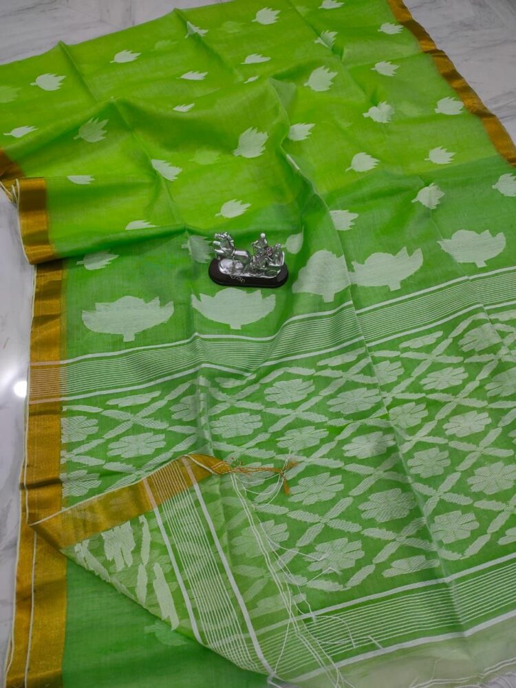 Grass Green Tulip Design Handwoven Pure Resham Muslin Saree
