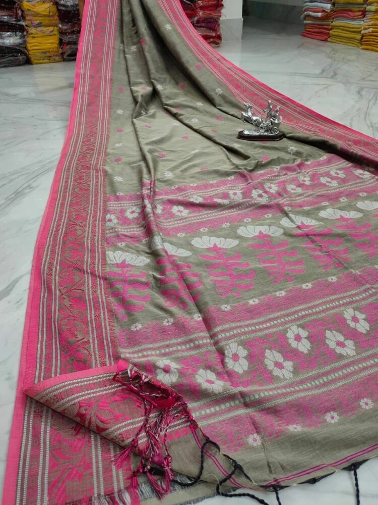 Greenish Grey Floral Design Weave Handloom Cotton Saree