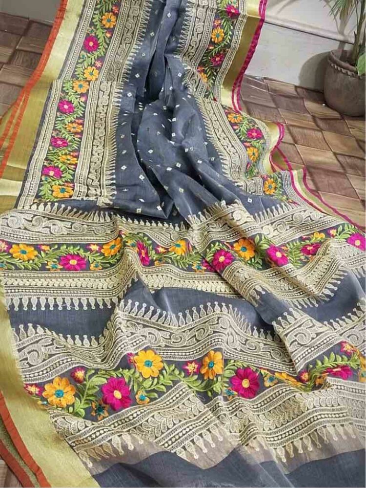 Grey Resham Muslin Floral Embroidery Saree