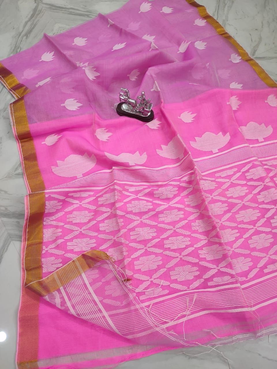 Orange Smocking Muslin Saree with Pink Border