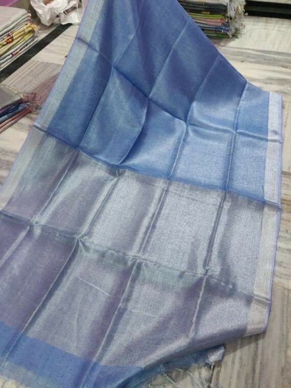 Light Blue Tissue Linen Saree With Silver Zari Border