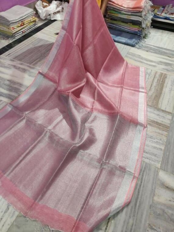 Light Peach Pink Tissue Linen Saree With Silver Zari Border